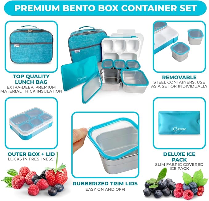 Stainless Steel Kids Bento Lunch Box with Insulated Bag & Ice Pack for Toddler Daycare, Kids or Adults, Leak Proof School Meal Container, Snack Food Containers, 5 Compartment Snackle-box 34 Oz Blue