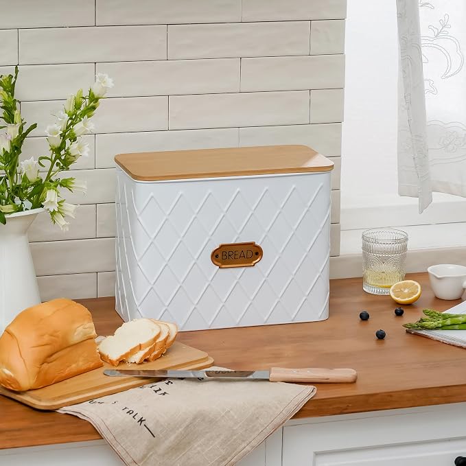 Extra Large Rhombus Pattern Embossed Bread Box with Bamboo Lid | Corner Breadbox for Homemade Bread, White Metal Bread Storage Container Bin for Kitchen Countertop, Fits 2 Loaves of Bread