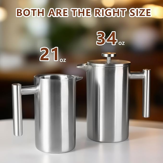 French Press 24 oz, Premium Stainless Steel French Press Coffee Maker 2 cup | Double Wall Insulated Coffee Presses, 304 Food Grade Stainless Body, Ideal for Camping Travel Home, Non Toxic, No Plastic