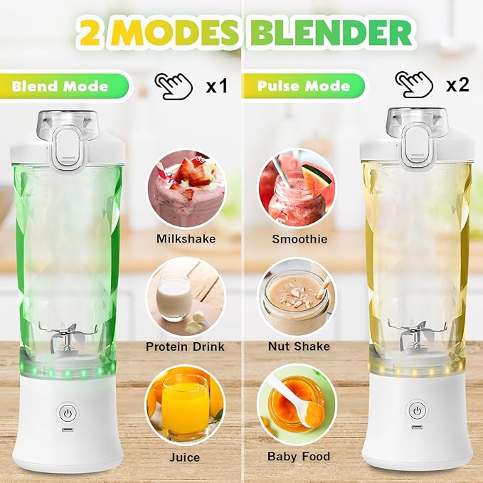 Portable Blender Personal Juicer for Shakes Smoothies with Insulated Sleeve | 20 Oz Electric Protein Shaker Bottle, Travel Lid, USB-C Rechargeable, Mini Small Cordless Blender Cup for Kitchen Travel Gym