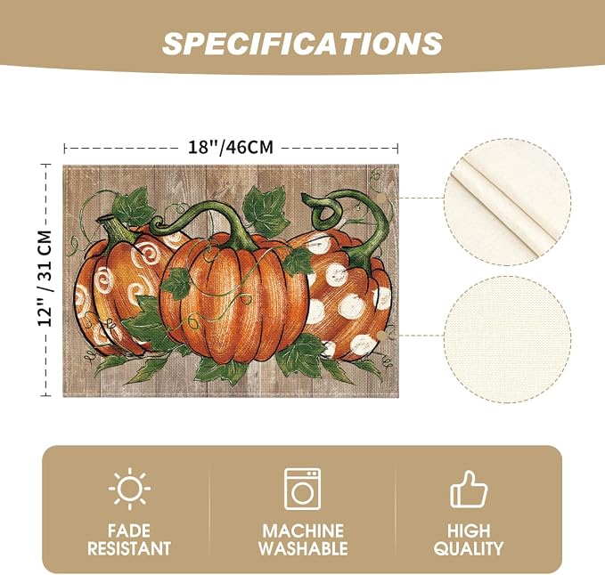 Artoid Mode Wood Polka Dot Pumpkins Fall Placemats Set of 6-12 x 18 Inch | Heat-Resistant Table Mats, Washable Seasonal Autumn Kitchen Dining Decor