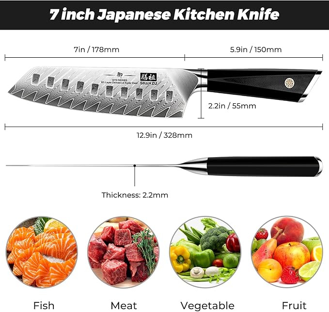 SHAN ZU Damascus Chef Knife Santoku Knife 7 Inch | Professional Kitchen Knives, 67 Layers Damascus Stainless Steel 10Cr15CoMoV Cooking Knife with G10 Handle/Gift Box