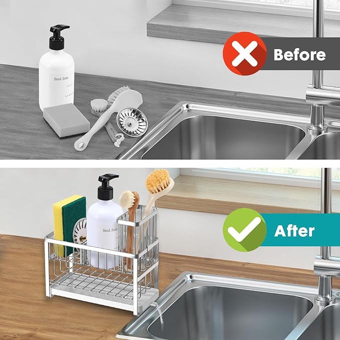 Sinnsally Kitchen Sponge Holder,Sink Caddy Organizer with High Brush Holder,Stainless Steel Sink Box Dish Scrubber Holder,Soap Tray for Kitchen Counter Accessories & Storage Rack (2 Tier - Silver)