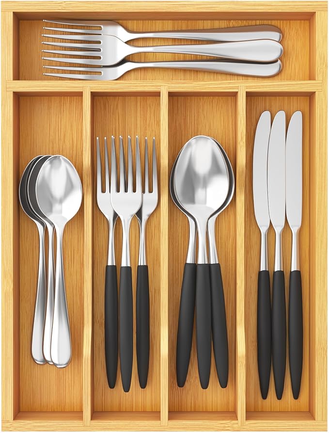 Lifewit Bamboo Silverware Tray for Drawer, 8.6 x 12.5 | Utensil Organizer for Kitchen, Flatware and Cutlery Holder, Storage for Spoons Forks Knives, Natural