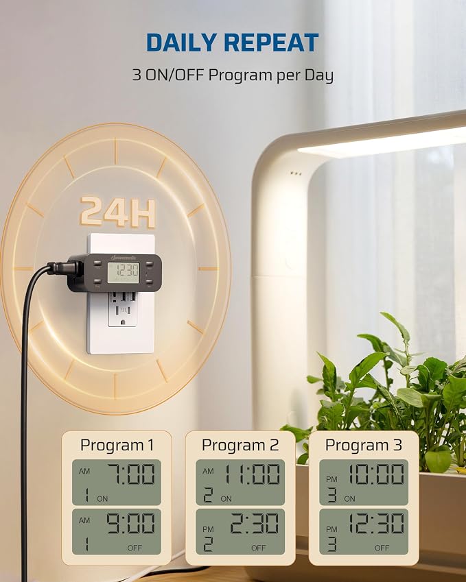 DEWENWILS Indoor 24 Hour Programmable Digital Timer Outlet, 1 Outlet,2 Pack | 3 On/Off Programs,125V/15A, 1/2 HP, 3 Prong Light Timer for Lamp,Aquarium, Christmas Decorations, Reptile Tanks,Black