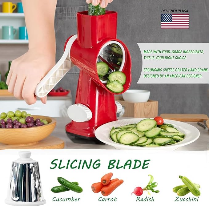 Cheese Grater with Handle,Multifunctional Rotary Cheese Grater | Powerful suction cup base,Effortless and time-saving,Protects your hands,Versatile,Detachable,Easy to clean