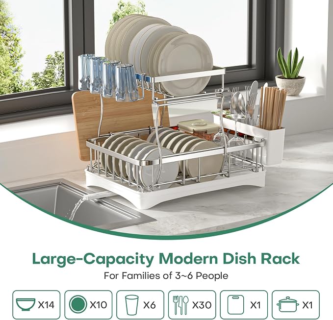 2 Tier Dish Drying Rack,Stainless Steel Dish Rack For Storing Knife Fork Pots&Pans,Dish Drying Rack With Drain Tray For Kitchen Countertops/Sinks,Silver Tiered Dish Rack With Retractable Drain Outlet