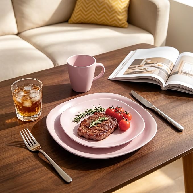 HomeVss, Stoneware Square 16pc Dinnerware Set, Matte Rose