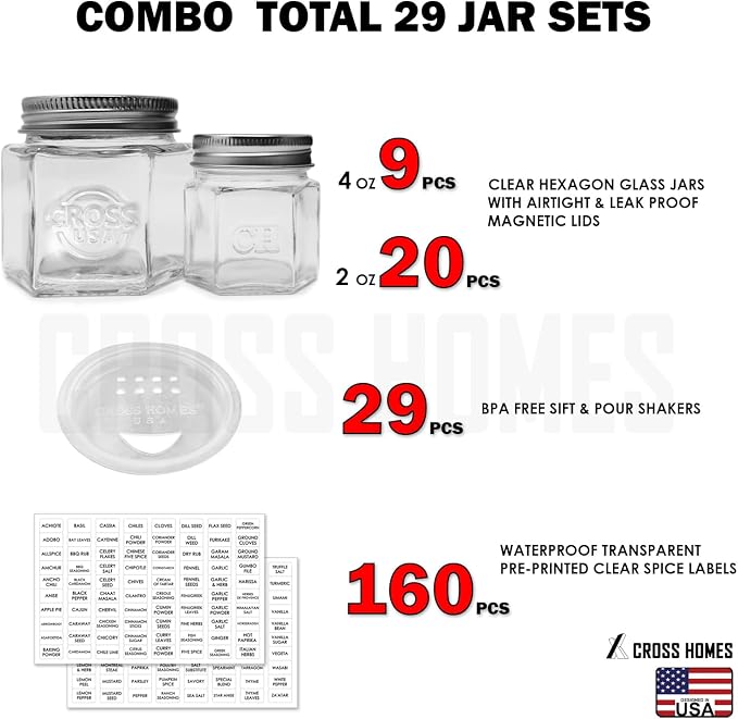 Magnetic Spice Jars Combo Pack 29 Pack (9 Large 4 oz + 20 Small 2 oz) Refrigerator Hexagon Glass Spice Jar Magnetic Lid Shaker Spice Labels Magnetic Glass Spice Container for RV Kitchen Fridge Cabinet
