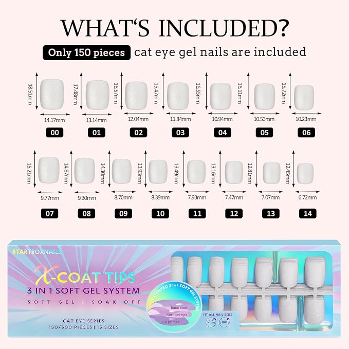 BTArtboxnails XCOATTIPS Cat Eye Press On Nails, Short Square, Frozen | Lamp-Curable 4-Week Wear, Salon Quality Value at Home, Natural Nail Look, Easy-to-Apply for Beginners, 150ct Nail Tips Only