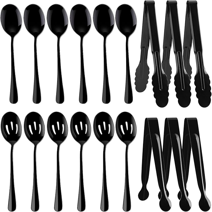 Mwellewm 18Pcs Serving Utensils Set Serving Tongs Serving Spoons for Buffet | Dishwasher Safe, Black Stainless Steel Tableware, Metal Cutlery, for Parties Weeding Entertaining Catering Banquet Birthday