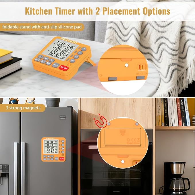 Digital Dual Kitchen Timer, Multiple Channels Countdown Timer | 4-Groups Timer with Magnetic-Back Memory-Preset Large Display Adjustable Alarm Volume, 3A Battery Included, Ideal for Cooking