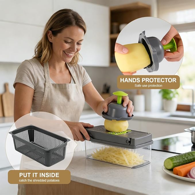 Vegetable Chopper with Container Cheese Grater Mandoline Slicer Cabbage Shredder for Veggie Onion Potato Fruit Food, Includes Egg Separator & Vegetable Peeler, Manual Hand Cooking Gadget for Kitchen