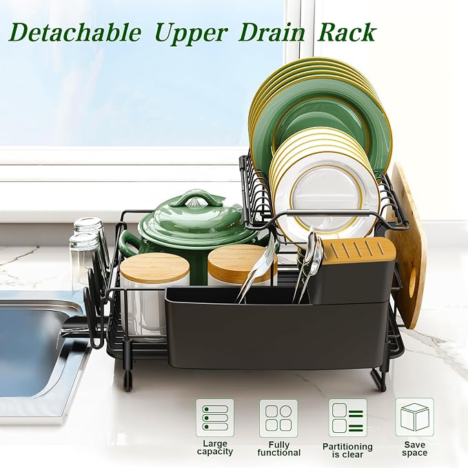 Runnatal Large Dish Drying Rack Stainless Steel Sink for Kitchen | 2 Tier Extendable Stainless Steel Dish Rack Used in Sink & Kitchen Counter, with Drainboard Set & Utensil Holder & Cup Holder
