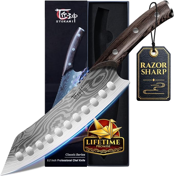 Japanese Kitchen Knife, 8.2 Inch Chef Knife, Carbon Steel Kiritsuke | Razor Sharp Santoku for Precision Cutting, Damascus Pattern, Full Tang Wood Handle, Housewarming Cooking Gifts