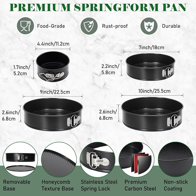 4 Pack Springform Pan Set 4, 7, 9,10 Inch Nonstick Baking Mold Cheesecakes | Nonstick Round Tin Leakproof Removable Bottom Bakeware for Cake Pie Pizza and Quiches Carbon Steel and Non-stick Coating