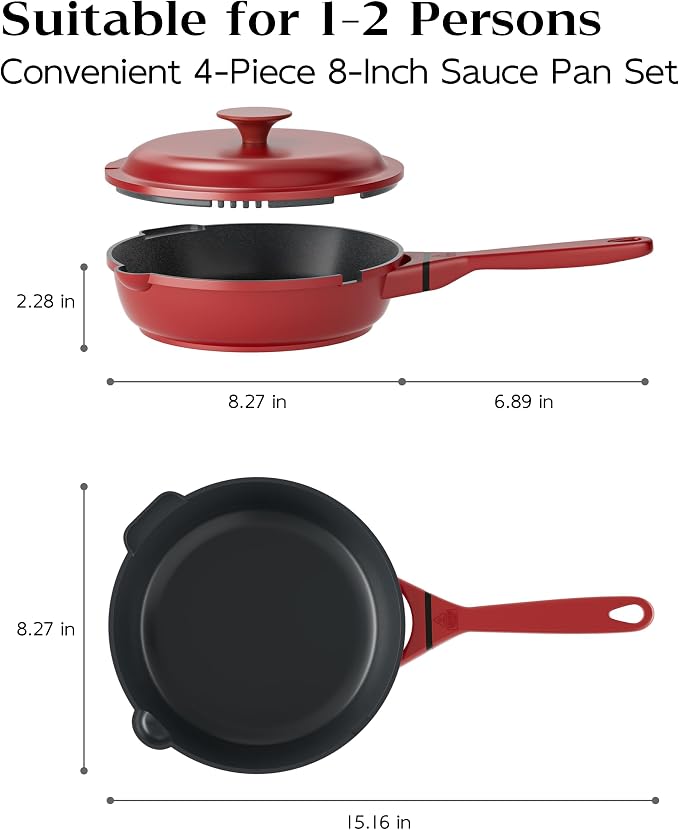 FDN 8" Ceramic Non Stick Frying Pans With Lid, Titanium Pans for Cooking, Non-Toxic PFAS-Free, Induction & Oven-Safe Cookware, Red For Daily Cooking