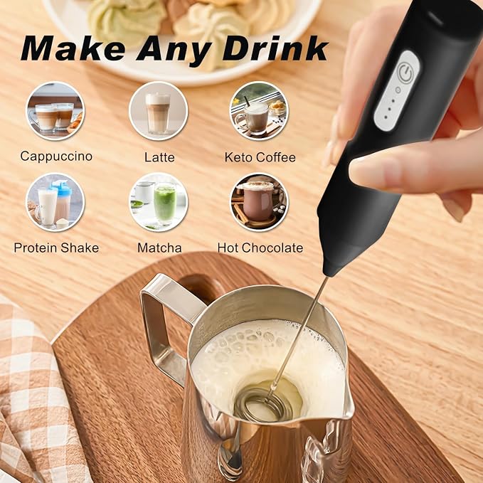 Rechargeable Milk Frother Wand Handheld, Coffee Foam Maker,Mini Drink Mixer | Dual Stainless Steel Whisk, 3 Speeds, USB-C Battery Portable Protein Blender, Small Electric Stirrer for Mathca, Cappuccino