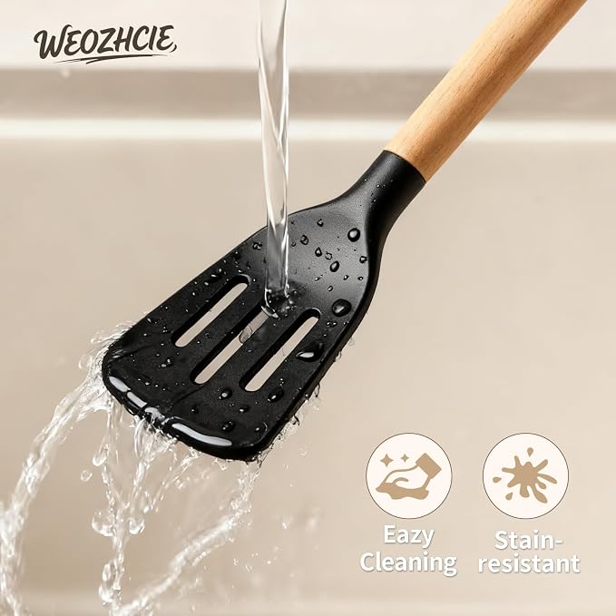 Silicone Cooking Utensil Set,12 PCS Cooking Cookware Kitchen Utensils Set for Cooking, Nonstick 446°F Heat-Resistant Cookware Kitchen Tools of Spoon,Brush,Whisk,Spatula,Turner Tongs (Black)