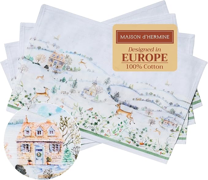 Maison d' Hermine Placemats Set of 4 Reusable 100% Cotton (13"x19") | Cloth Place Mats Washable Table Mats for Kitchen Dining Party Wedding Hotel Home Thanksgiving Christmas - Snowy World