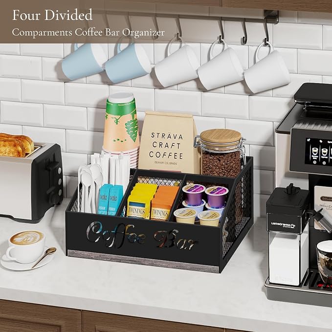Coffee Bar Organizer for Countertop, Wood Coffee Station Organizer | Coffee Cup and Supplies Holders with Metal Mesh Baskest, Stirrer Sugar Creamer Caddy, Coffee Bar Accessories and Organizer