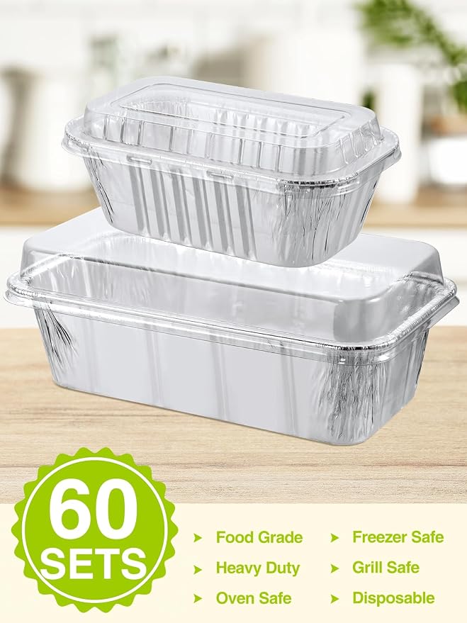 NEEBAKE 60 Pack Disposable Aluminum Loaf Pans with Lids Combo Set - 30 Pack 8.5x4.5x2.5 Foil Loaf Pans & 30 Pack 6x3.5x2 Mini Tin Foil Baking Pans Tin Trays Food Containers for Baking Cakes Bread Meat