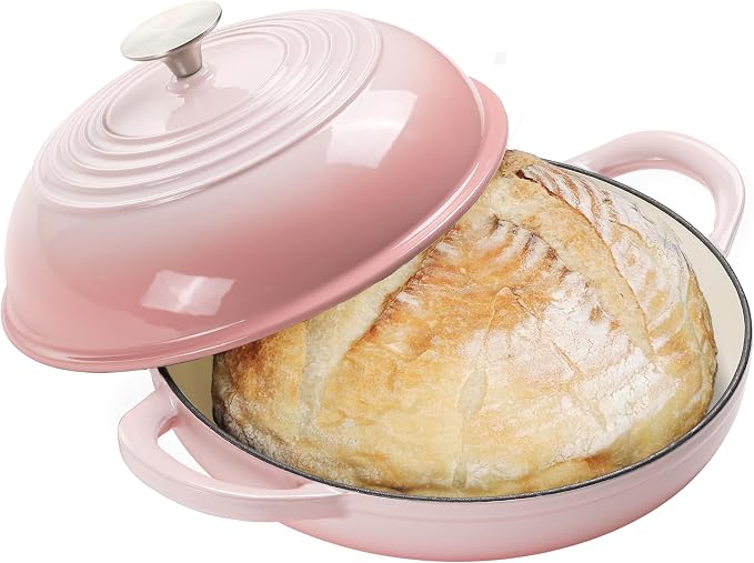 6QT Enameled Cast Iron Round Bread Oven, Sourdough Dutch Oven, Pink | Bread Oven for Homemade Sourdough Bread Baking, Bread Pot with Dome Lid, Gifts for Sourdough Bakers, Oven Safe up to 500°F