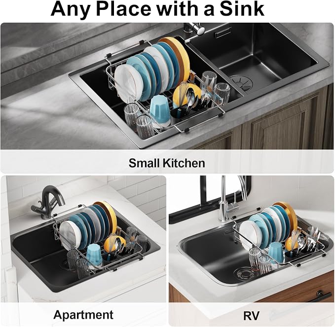 Small in Sink Dish Drying Rack - Expandable Stainless Steel Compact Over The Sink Dish Drainer with Utensil Holder for RV Kitchen Apartment, Silver