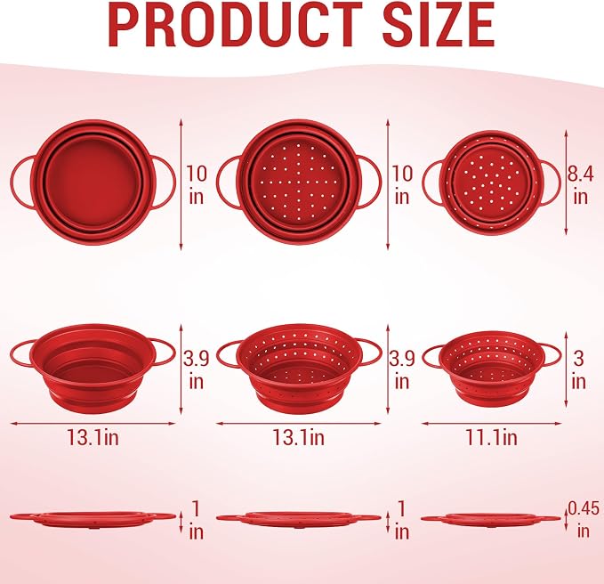 3 Pack Collapsible Colander with Strainer Bowl Set,Red | 11 & 13 In Silicone Colanders for Kitchen, Heat-Resistant Strainer Dishwasher Safe Baskets for Vegetable Fruits