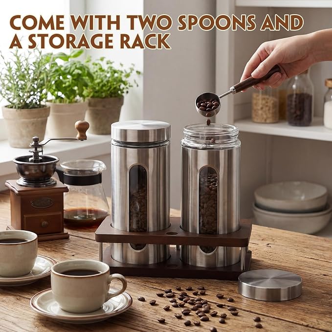 Stainless Steel Coffee Grounds Canisters Container with Shelf | 2 x 50oz, Sugar Coffee Bean Storage Container Set, Airtight Threaded Lid, Glass Window, Scoop, Kitchen Jar for Coffee Bar