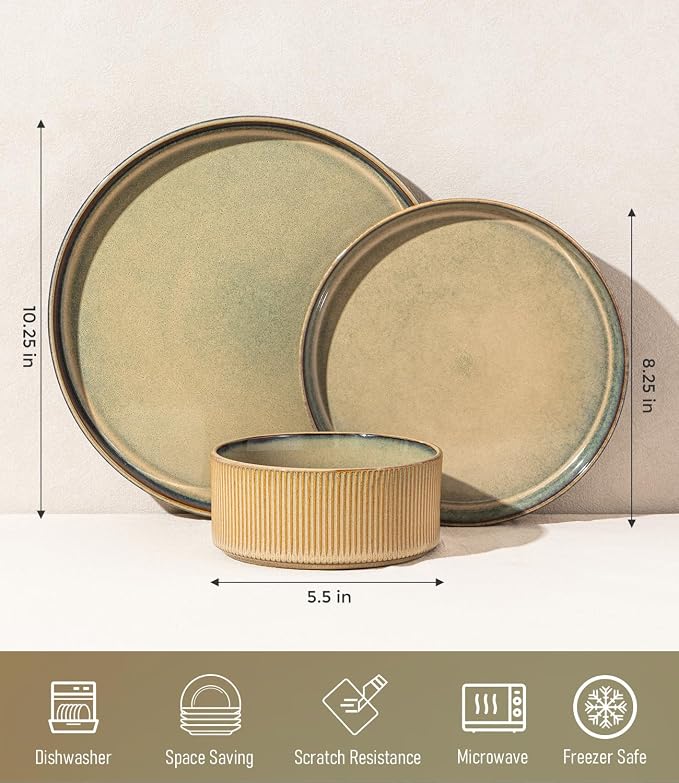 GBHOME Stoneware Dinnerware Sets for 4, 12 Pieces Plates and Bowls Set | Lightweight Ceramic Ribbed Dishes, Reactive Glaze Stackable Plate Set, Scratch Resistant, Microwave & Dishwasher Safe, Khaki