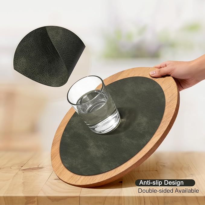 UnivoColors Placemats Round Faux Leather Placemats Set of 6-Waterproof-Wipe Clean-Heat Resistant-Anti Slip Dining Table Place Mats,Suitable for Indoor & Outdoor Use,15".Retro Olive Green