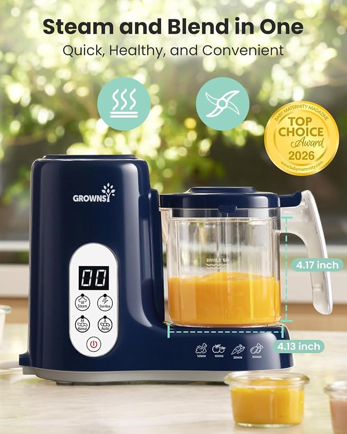 Grownsy Baby Food Maker, Steam & Blend Baby Food Processor, Dark Blue | BPA-Free Elevated Steam Basket, Healthy Homemade Baby Food Purees, Starting Solids & BLW, Baby Feeding Essentials, 6+ Months