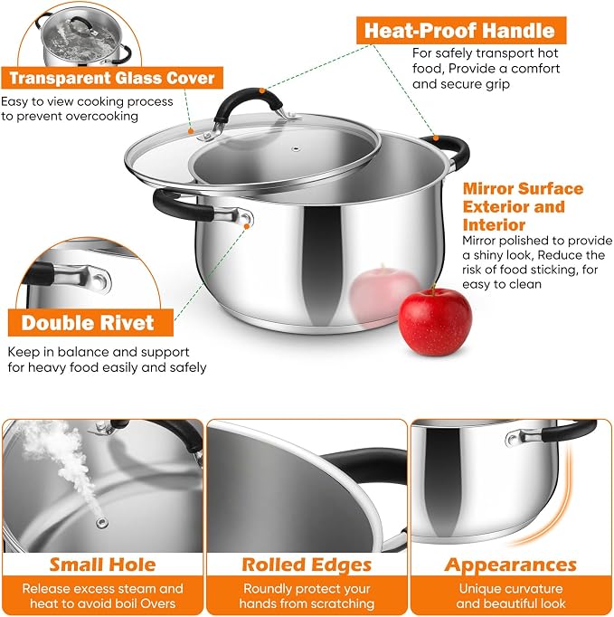 P&P CHEF 8 Quart Stainless Steel Stock Pot, Cooking Pot with Visible Lid | For Soup Pasta, Tri-Ply Bottom & Dual Heatproof Handles, For Induction Gas All Stoves, Non-Toxic & Dishwasher Safe