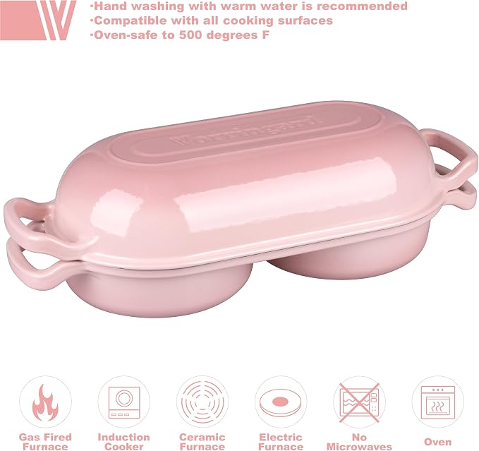 Enameled Cast Iron Double Dutch Oven with Lid, Dual Round Loaf Pan, Bread pan for Homemade Sourdough Bread Baking, Pink