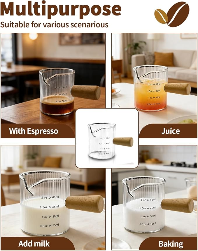 Espresso Measuring Cup 2 OZ, Espresso Glass Cups with Wood Handle, Milk Frothing Cup, Espresso Cup for Coffee, Milk, Tea or Maple Syrup Serving (Transparent, 2 oz)
