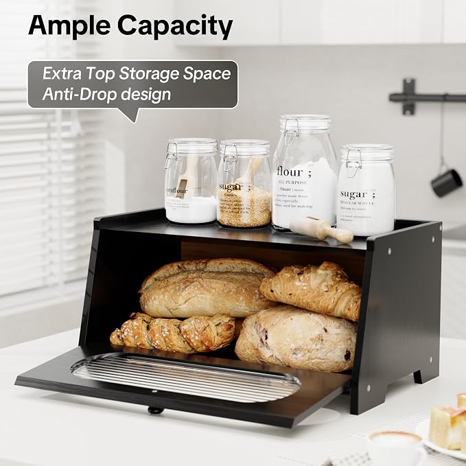 Black Bread Box for Kitchen Countertop,Large Capacity Kitchen Countertop Organizer,Bread Storage with Acrylic Window for Cabinet,Pantry,Cupboard
