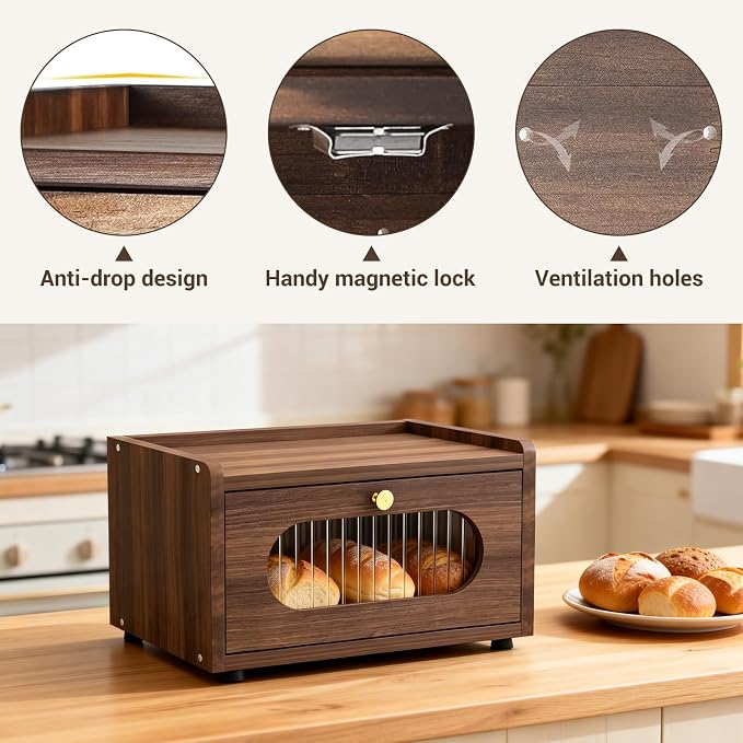 Garvee Bread Box for Kitchen Countertop, Wooden Breadbox Holder Container, Small Vintage Counter Top Breadbox, Farmhouse Stackable Organizer Bin for Homemade Food Shelf Acrylic Window Brown