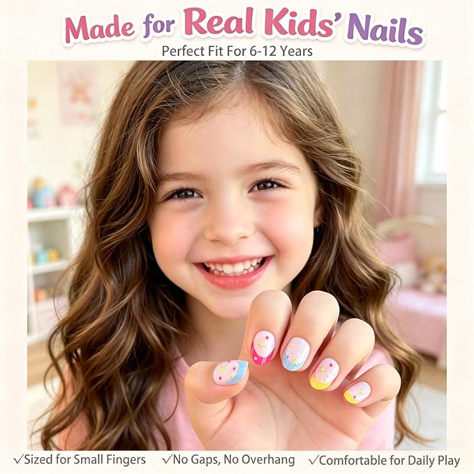 24pcs Press on Nails for Kids, 3D Polka Dot Star for Teenager Girls 8-12 | Colorful Almond French Tip, 12 Size, Non-Toxic, Fashion Nail Kit with Adhesive Tabs, Nail File for Christmas, Birthday, Party