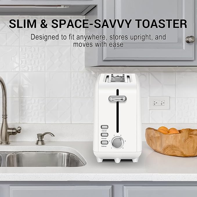 SEEDEEM Stainless Steel Toaster 2 Slice Slim, 10" Single Long Slot, White | 6 Shade Settings, Extra Wide Slot Fits Bagels & Artisan Bread, Defrost, Cancel Function, Removable Crumb Tray