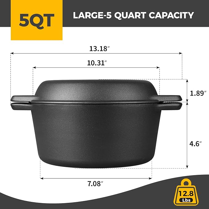 EDGING CASTING Pre-Seasoned Cast Iron Dutch Oven Pot with Skillet Lid Cooking Pan, 2-in-1 Sourdough Bread Baking Pan with Proofing Basket and Baking Supplies, 5QT