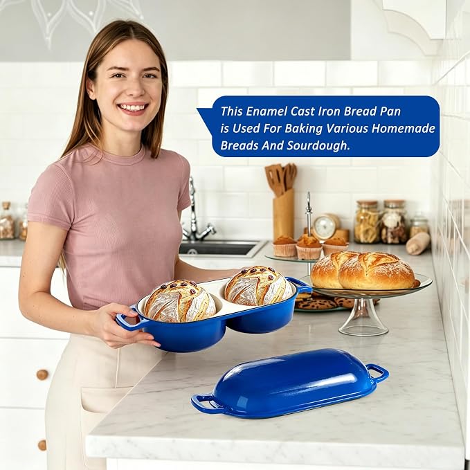 Enameled Cast Iron Bread Oven with Lid, 2.7 QT Double Loaf Dutch Oven for Sourdough Bread Baking, Dual Bread Pan for Artisan Homemade Bread, Even Heat Distribution, Oven Safe to 500°F