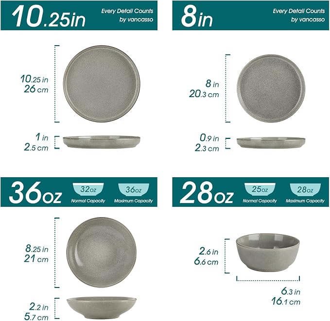 vancasso ANYA 24 Pieces Plates and Bowls Set, Stone Grey Dinnerware Sets, Reactive Glaze Dishes Set for 6, Ceramic Dishware Sets Kitchen Dinner Set, Microwave & Dishwasher Safe