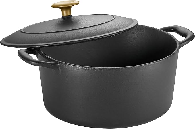 Tramontina Bestow Enameled Cast Iron 5.5-Qt Round Dutch Oven Pot with Lid | Great for Braising, Roasting and Bread Baking - Matte Black with Gold Knob