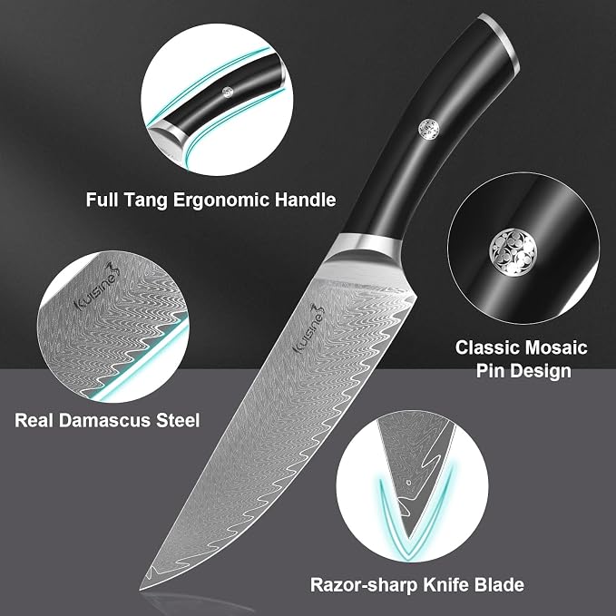 KUISINE 14-Piece Damascus Knife Set with Block, Ultra Sharp | Ergonomic Non-slip Handle Chef Knife Set with Built-in Sharpener, Dishwasher Safe, Luxury Gift for Holiday