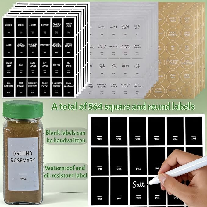 Spice Jars with Labels - 24 Glass Spice with Shaker Lids & Airtight Plastic Caps - 4oz Complete Seasoning Containers Organizer Set for Cabinet, Drawer & Rack (Green)