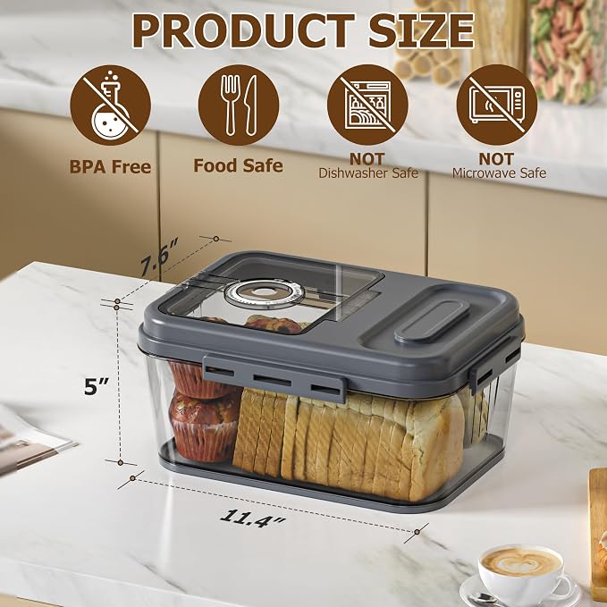 Olimingse Bread Box For Kitchen Countertop, Airtight Bread Storage Container, Bread Container For Homemade Breads, Cookies, And Cake, Grey Bread Keeper