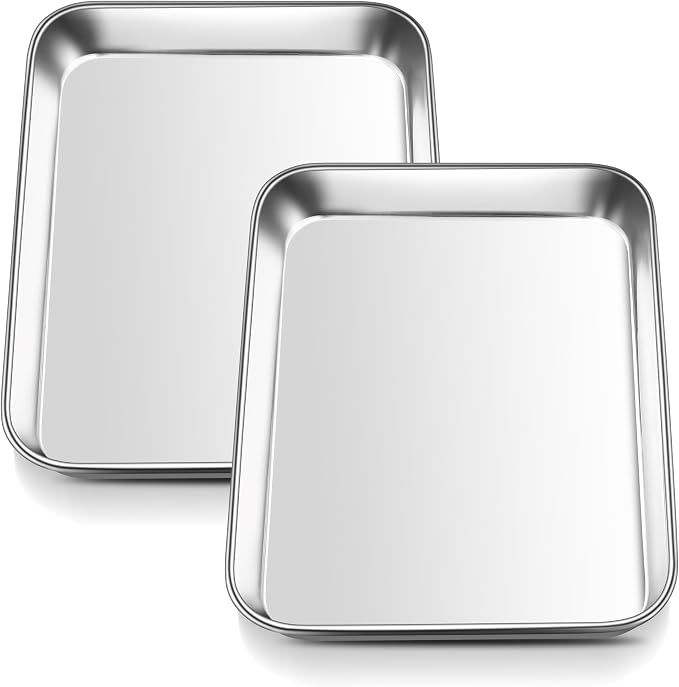 E-far Toaster Oven Tray Set of 2, 9.4”x7.3” Stainless Steel Baking Sheet | Small Non-toxic Metal Baking Pan for Cake Cookies, Rust Free & Warp Free, Mirror Finish & Dishwasher Safe