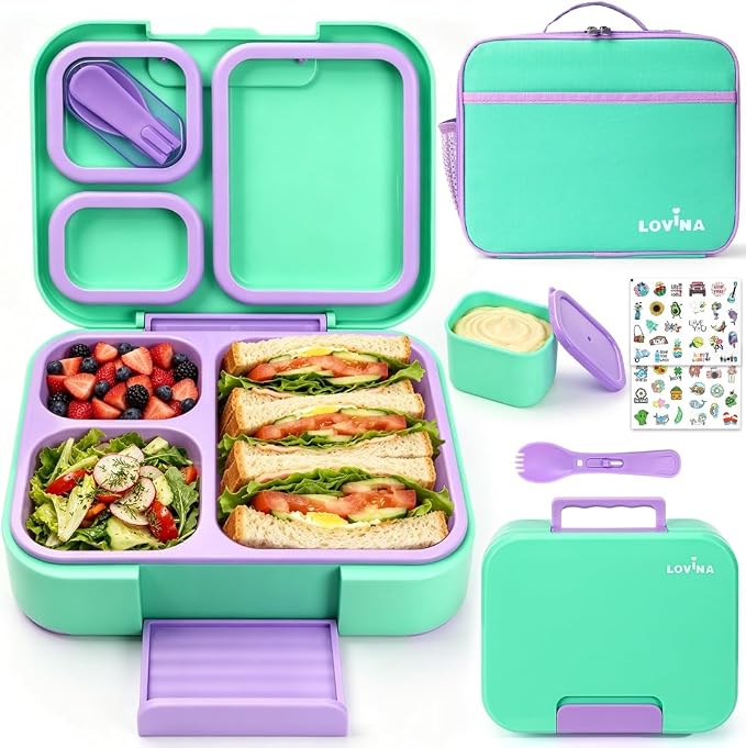 LOVINA Bento Lunch Box Set For Kids Adult With Thermo Bag, BPA-Free | 36OZ Leak-Proof Lunch Box Kids Kit, All-in-One Kit with DIY Stickers Sauce Cup for Work, School, Dining Out(Aqua Green)