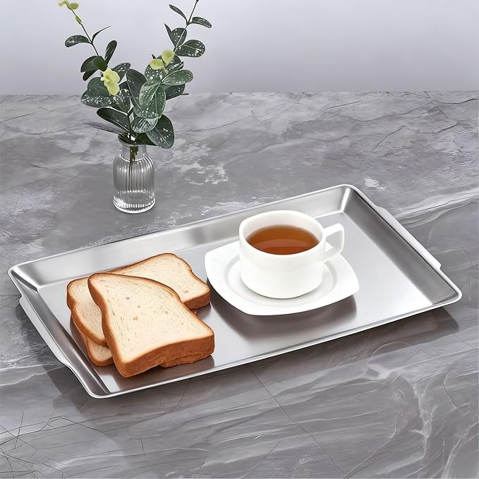 15.8" x 9.5" Large Serving Platters Set of 2, Stainless Steel Heavy-Duty Large Serving Trays, Silver Rectangular Plates for Food, Fruit, Party, Wedding, Christmas, Chip and Scratch Resistant